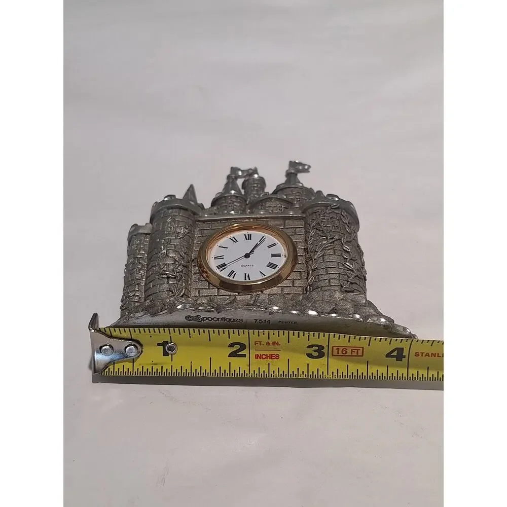 1987 Spoontiques 7514 Pewter Castle Quartz Desk Shelf Clock Japan Movt Works